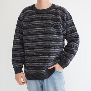 VTG Eddie Bauer Charcoal Blue Stripe Pattern Heritage Textured Wool Crewneck L